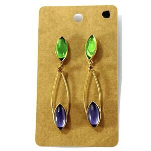 Gold Tone Dangle Earrings with Green & Purple Marquise Cabochons 2”